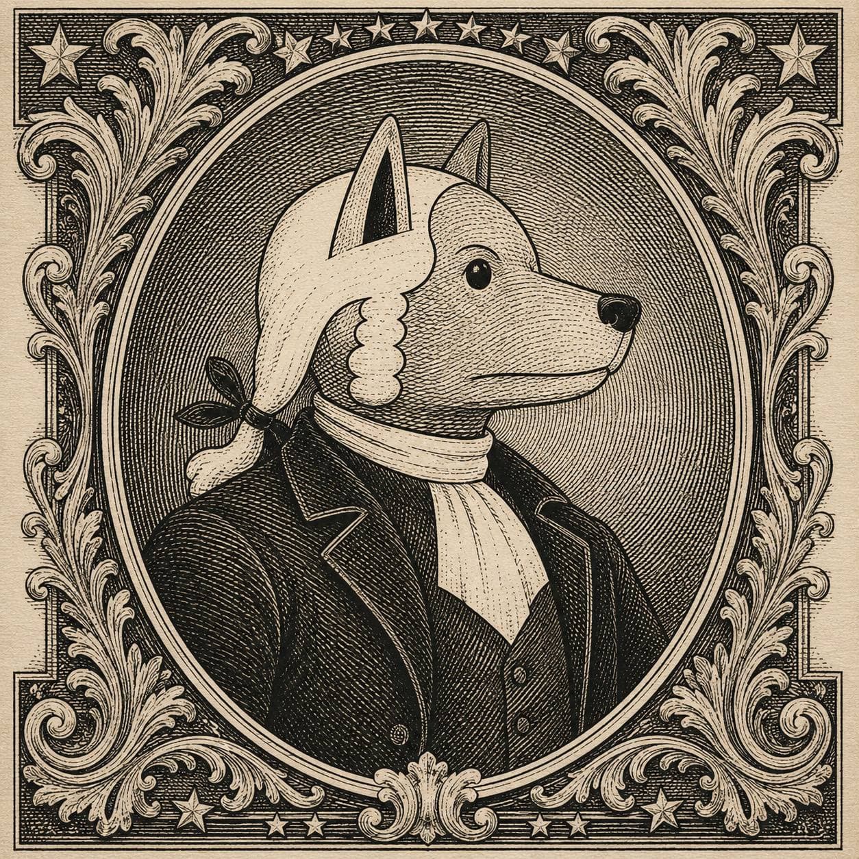 Engraved portrait of John Dog in a powdered wig and black coat, framed in an oval with filigree and stars.
