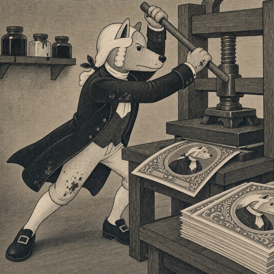 John Dog hauling the lever of a wooden printing press, printed sheets stacked beside him.