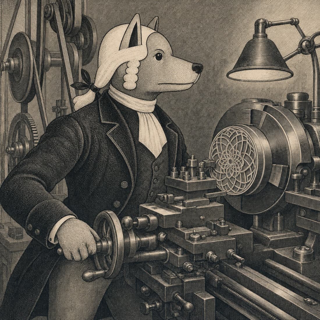 John Dog working a rose engine lathe as it cuts a guilloche rosette.