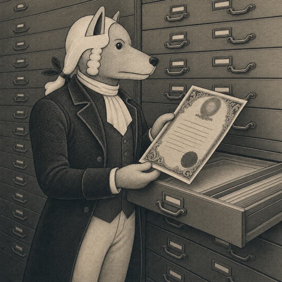 John Dog lifting a certificate from an open drawer in a wall of flat files.