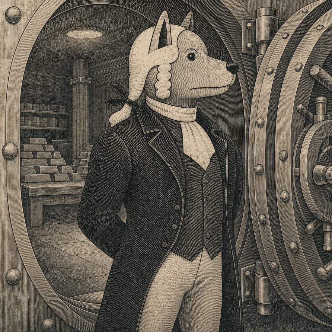 John Dog standing in the doorway of an open bank vault.