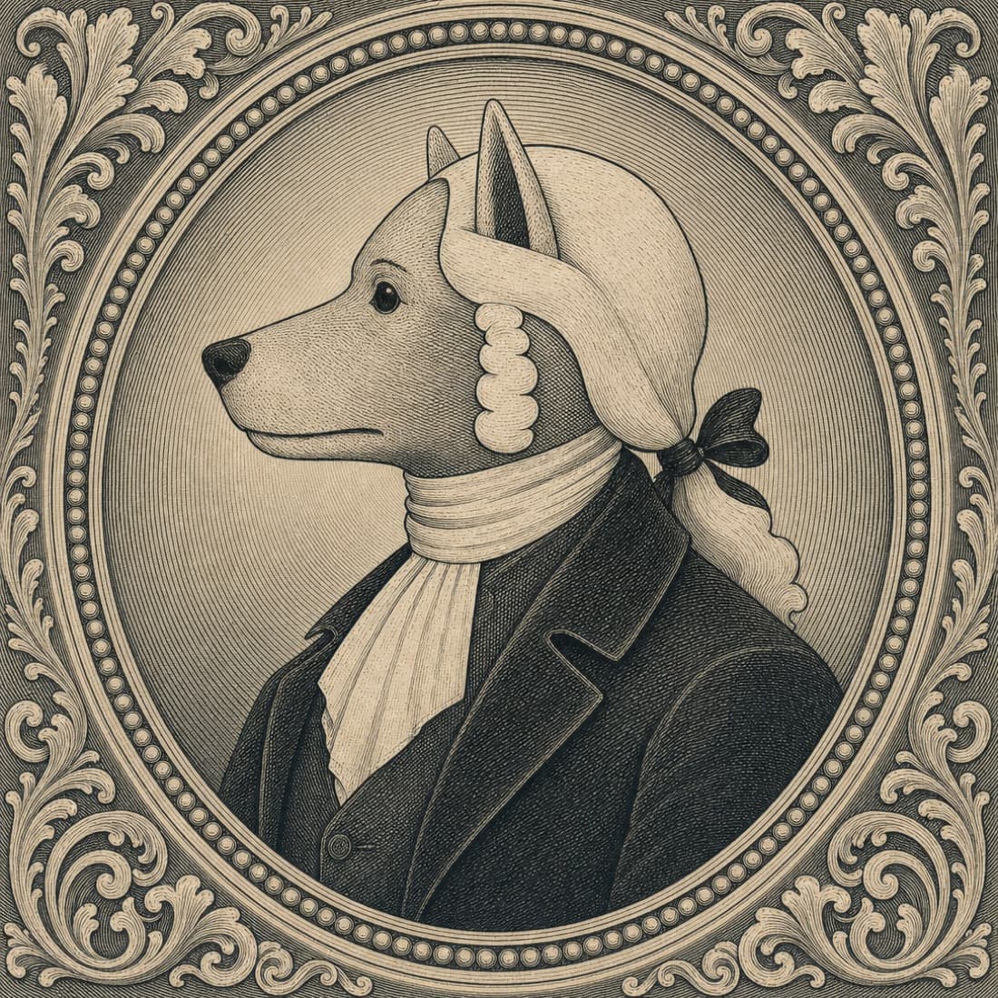 Bust portrait of John Dog in profile inside an oval medallion.